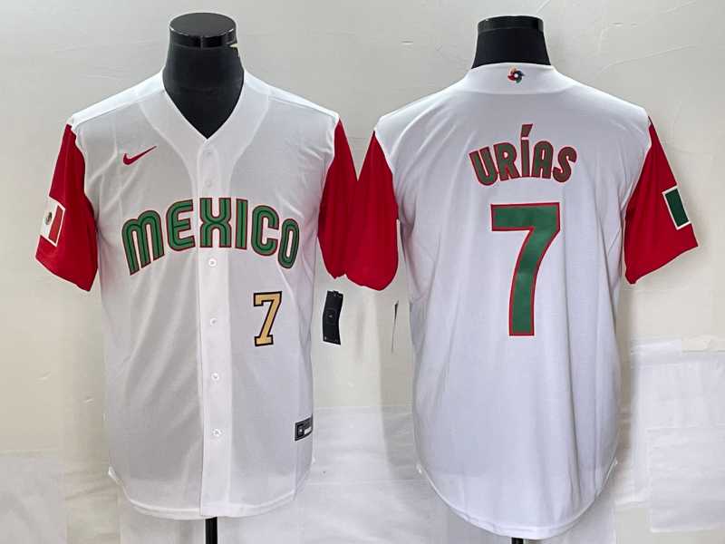 Mens Mexico Baseball #7 Julio Urias Number 2023 White Red World Classic Stitched Jersey50